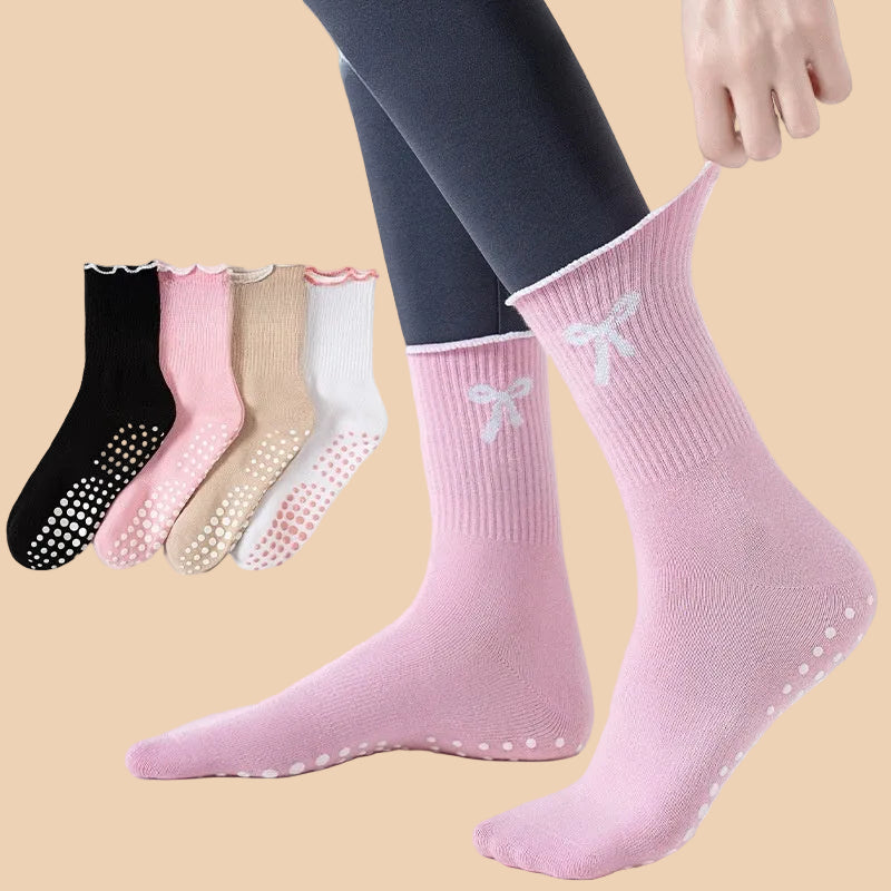 [PACK OF 4] Lovellee Women's Mid-Calf Yoga Socks with Anti-Slip Grip and Bow Design