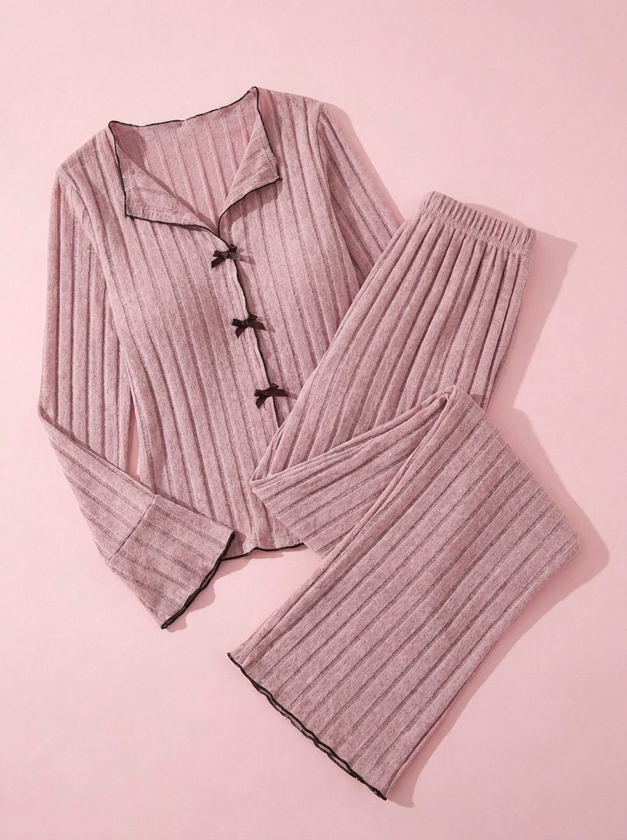 Lovellee Ribbed Bow Pyjama Set — Mauve Pink Long Sleeve Loungewear