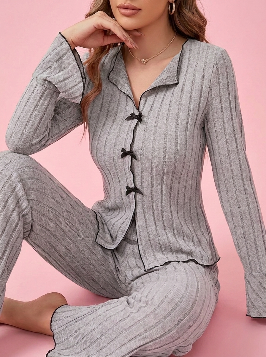 Lovellee Ribbed Bow Pyjama Set — Mauve Pink Long Sleeve Loungewear