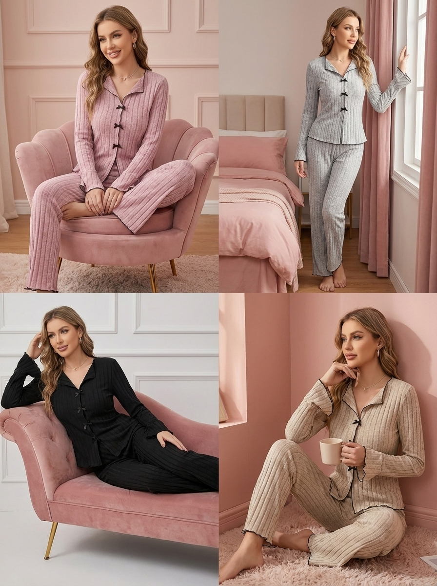 Lovellee Ribbed Bow Pyjama Set — Mauve Pink Long Sleeve Loungewear