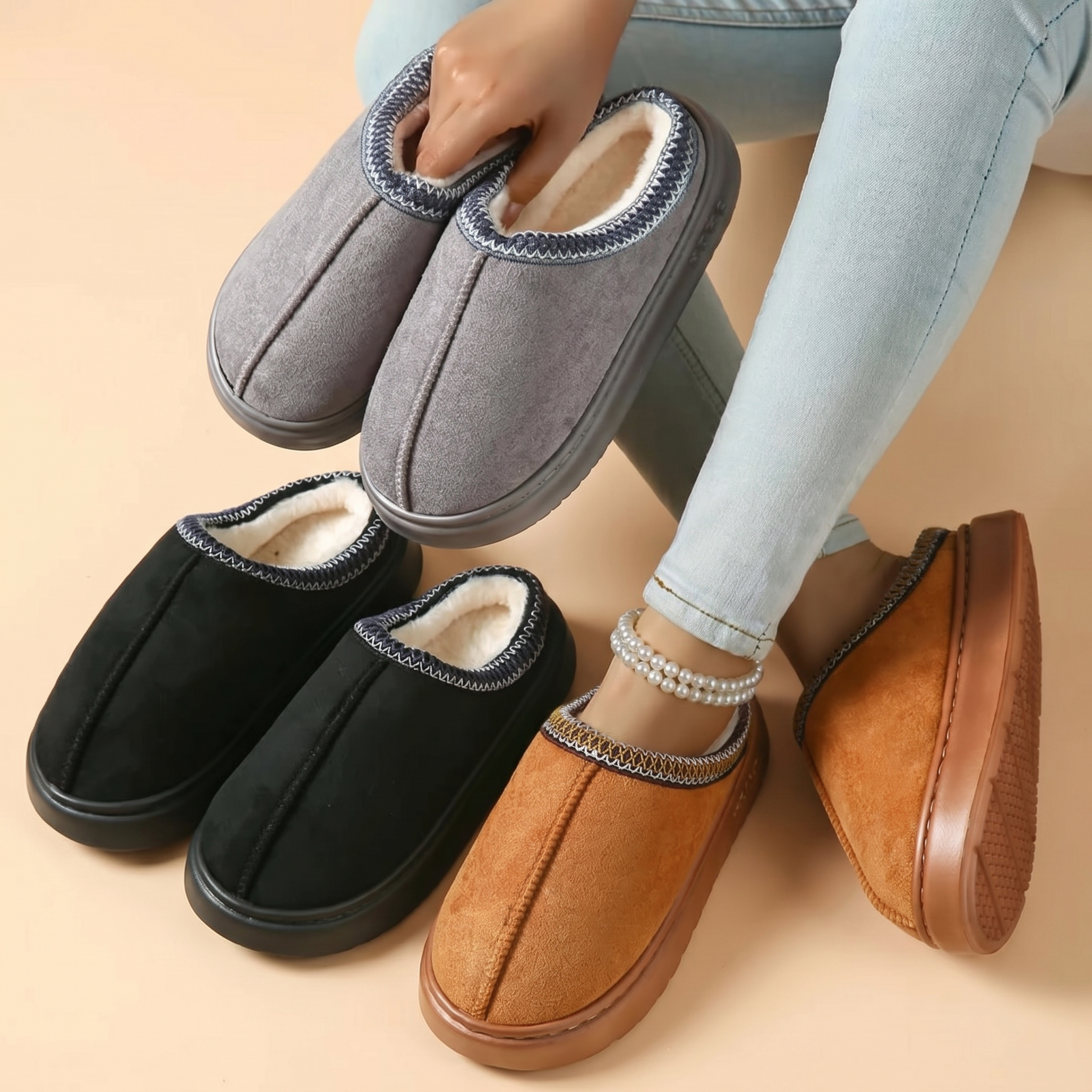 Lovellee Faux Suede Home Slippers Warm Cotton Lined Non-Slip